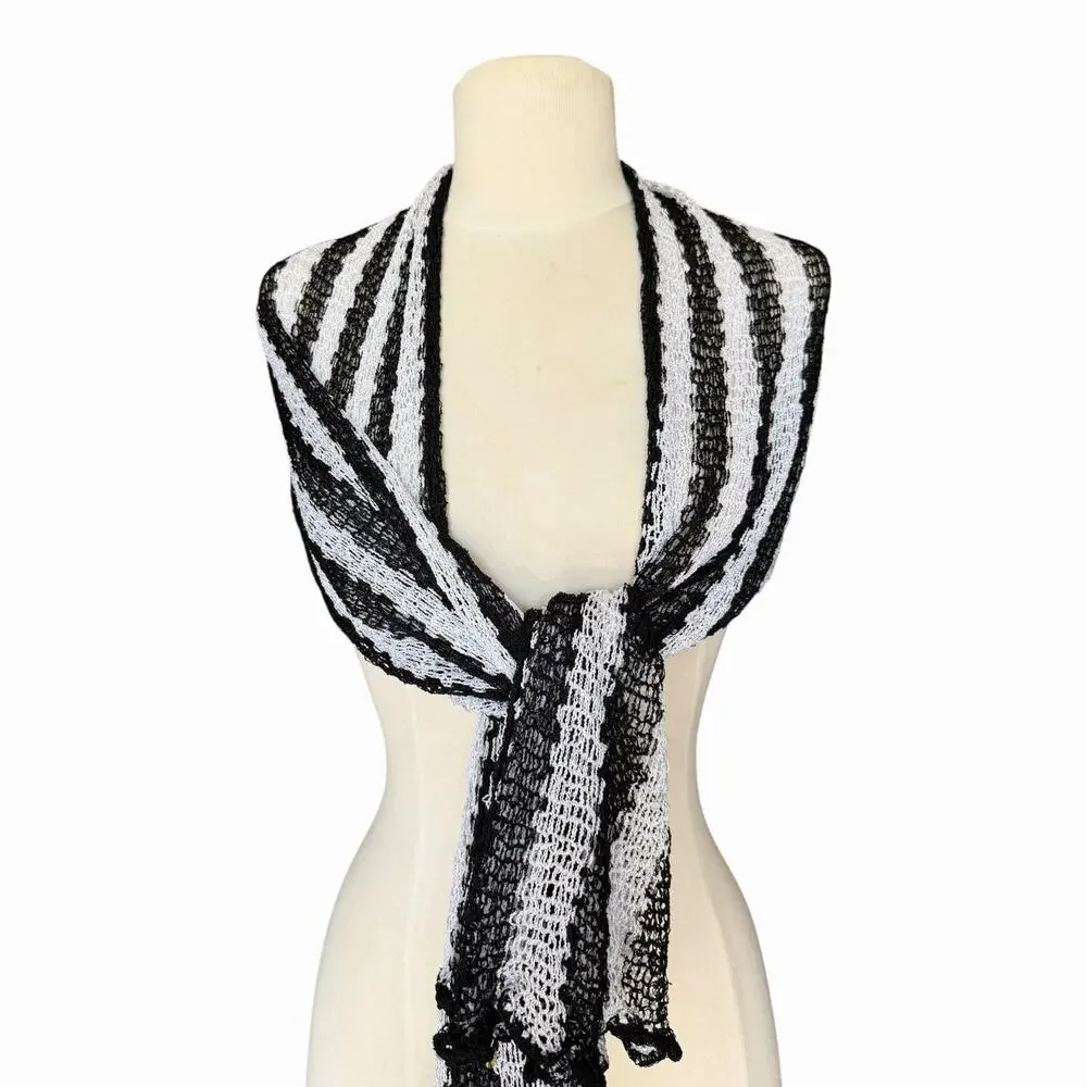 Vintage Handmade Black & White Striped Knit Fishnet Scarf Shawl Wrap Ruffle Edge